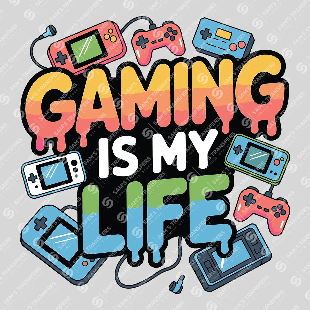 Apparel featuring a Gaming Is My Life-themed DTF transfer.