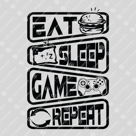 Apparel featuring a Eat Sleep Game Repeat-themed DTF transfer.