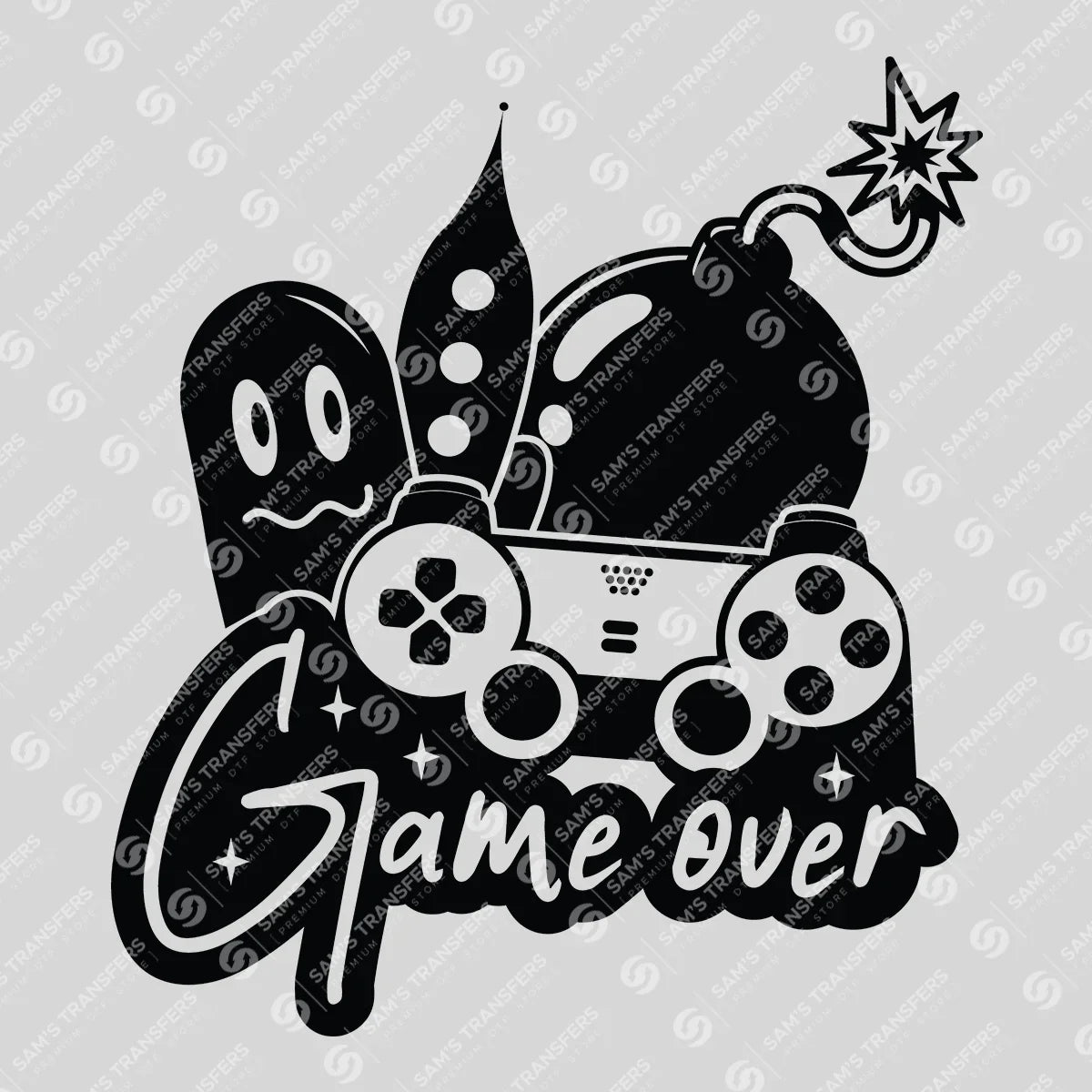 Apparel featuring a Game Over Controller-themed DTF transfer.