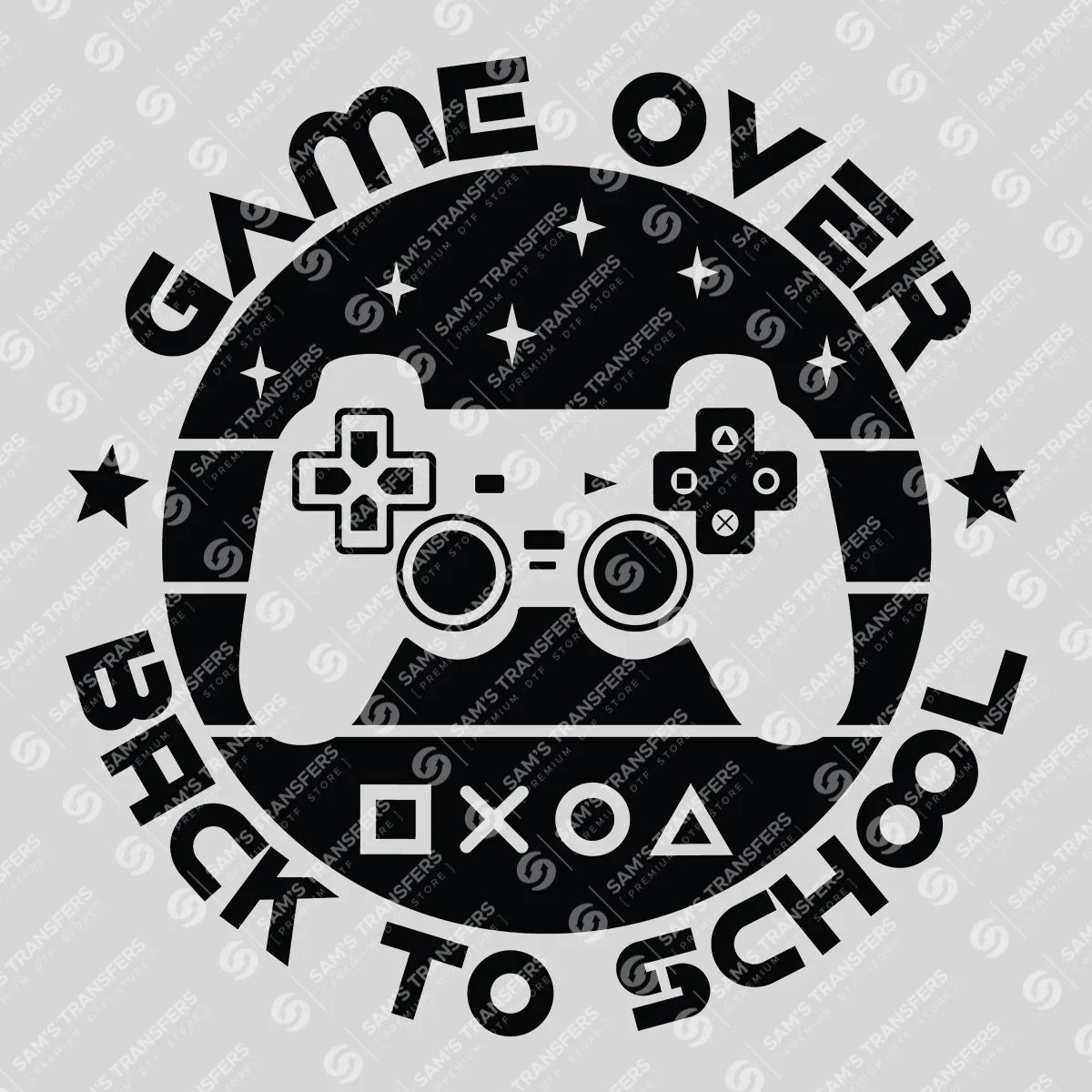 Apparel featuring a Game Over Back To School-themed DTF transfer.