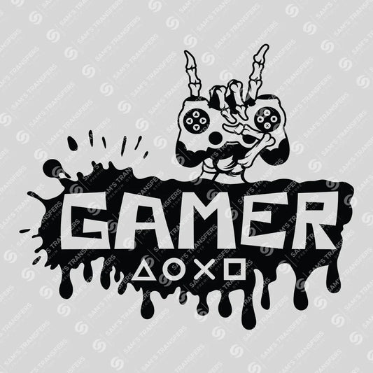 Apparel featuring a Gamer Skeleton Hand-themed DTF transfer.