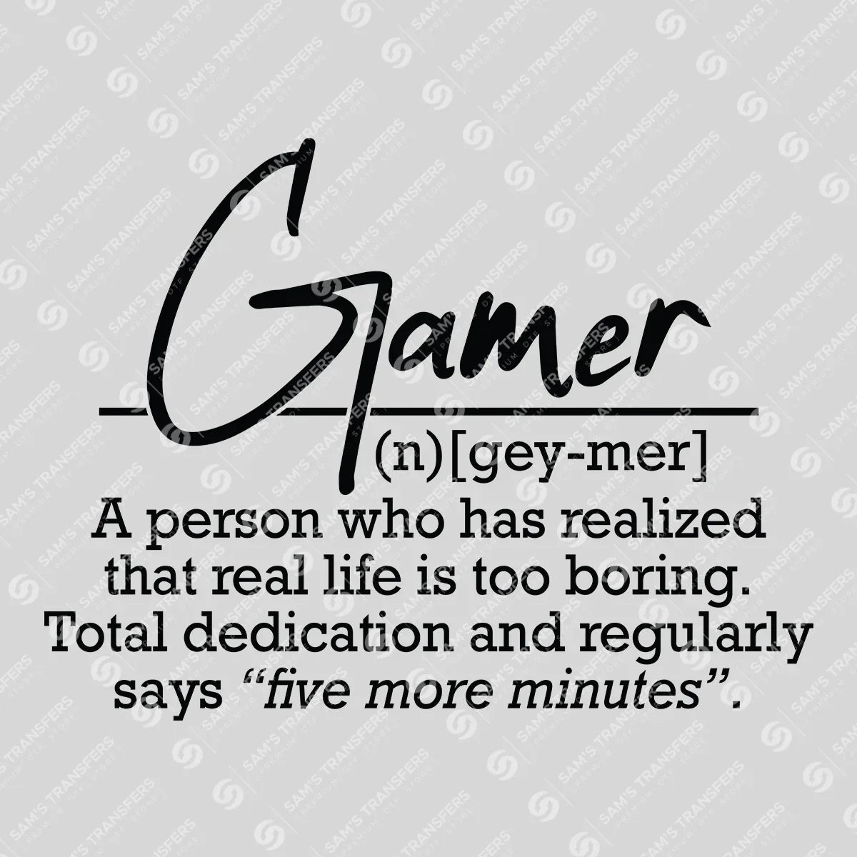 Apparel featuring a Gamer Definition-themed DTF transfer.