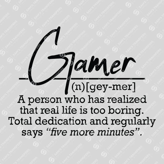 Apparel featuring a Gamer Definition-themed DTF transfer.