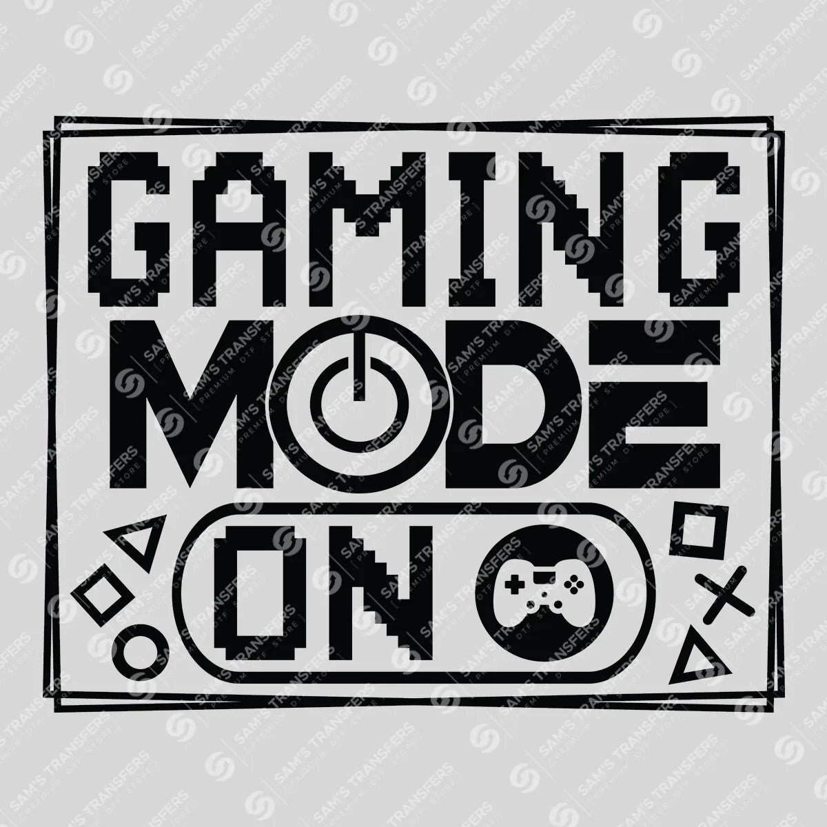 Apparel featuring a Gaming Mode On-themed DTF transfer.