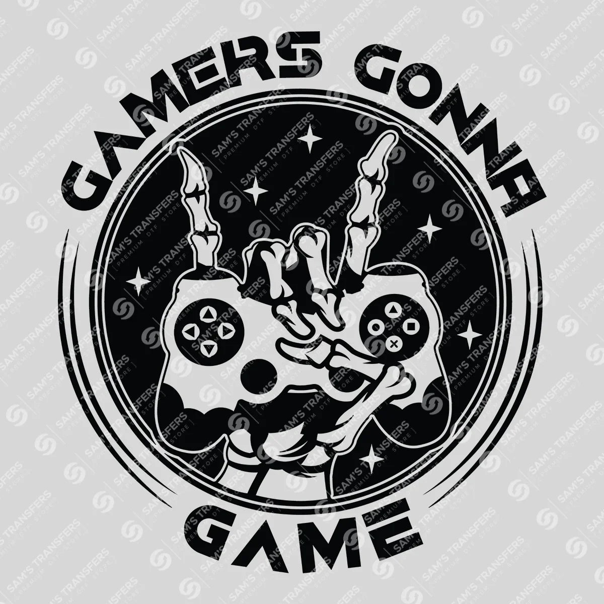 Apparel featuring a Gamers Gonna Game-themed DTF transfer.