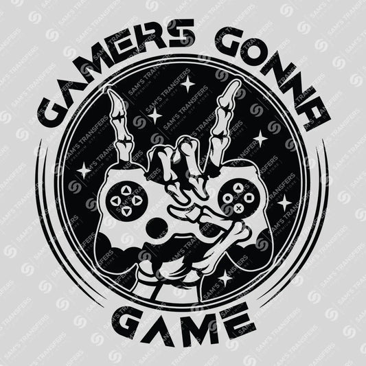 Apparel featuring a Gamers Gonna Game-themed DTF transfer.