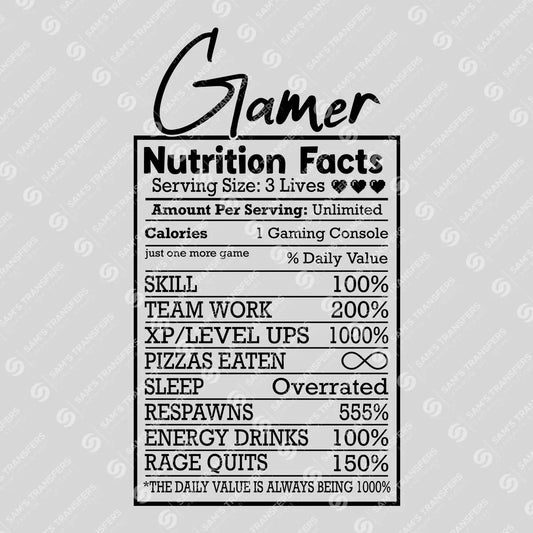Apparel featuring a Gamer Nutrition Facts-themed DTF transfer.