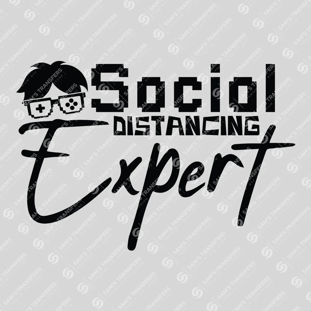 Apparel featuring a Social Distancing Expert-themed DTF transfer.