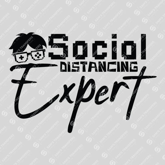 Apparel featuring a Social Distancing Expert-themed DTF transfer.
