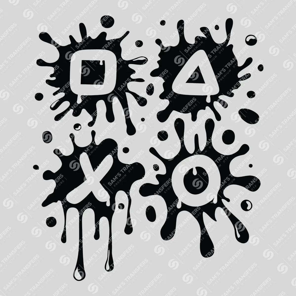 Apparel featuring a Gamer Button Splatter-themed DTF transfer.