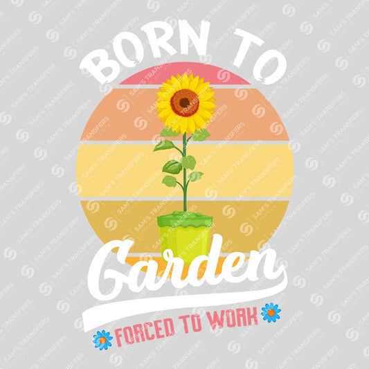 Apparel featuring a Born To Garden Retro Sunset-themed DTF transfer.