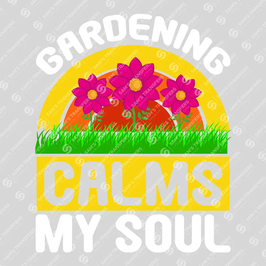 Apparel featuring a Gardening Calms My Soul Sunset-themed DTF transfer.