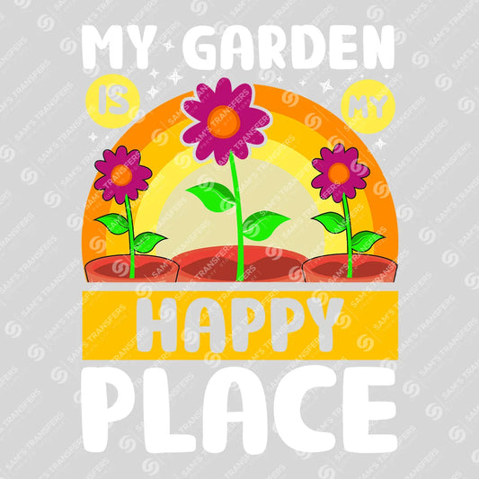 Apparel featuring a My Garden Is My Happy Place Retro-themed DTF transfer.