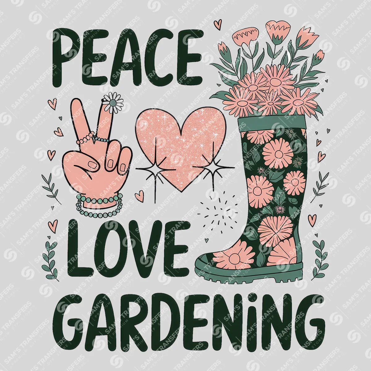 Apparel featuring a Peace Love Gardening-themed DTF transfer.