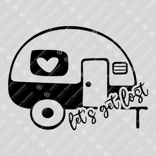 Apparel featuring a Let's Get Lost-themed DTF transfer.