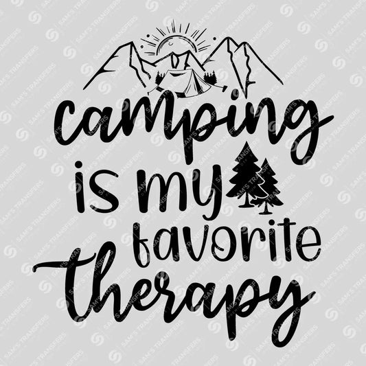 Apparel featuring a Camping Is My Favorite Therapy-themed DTF transfer.