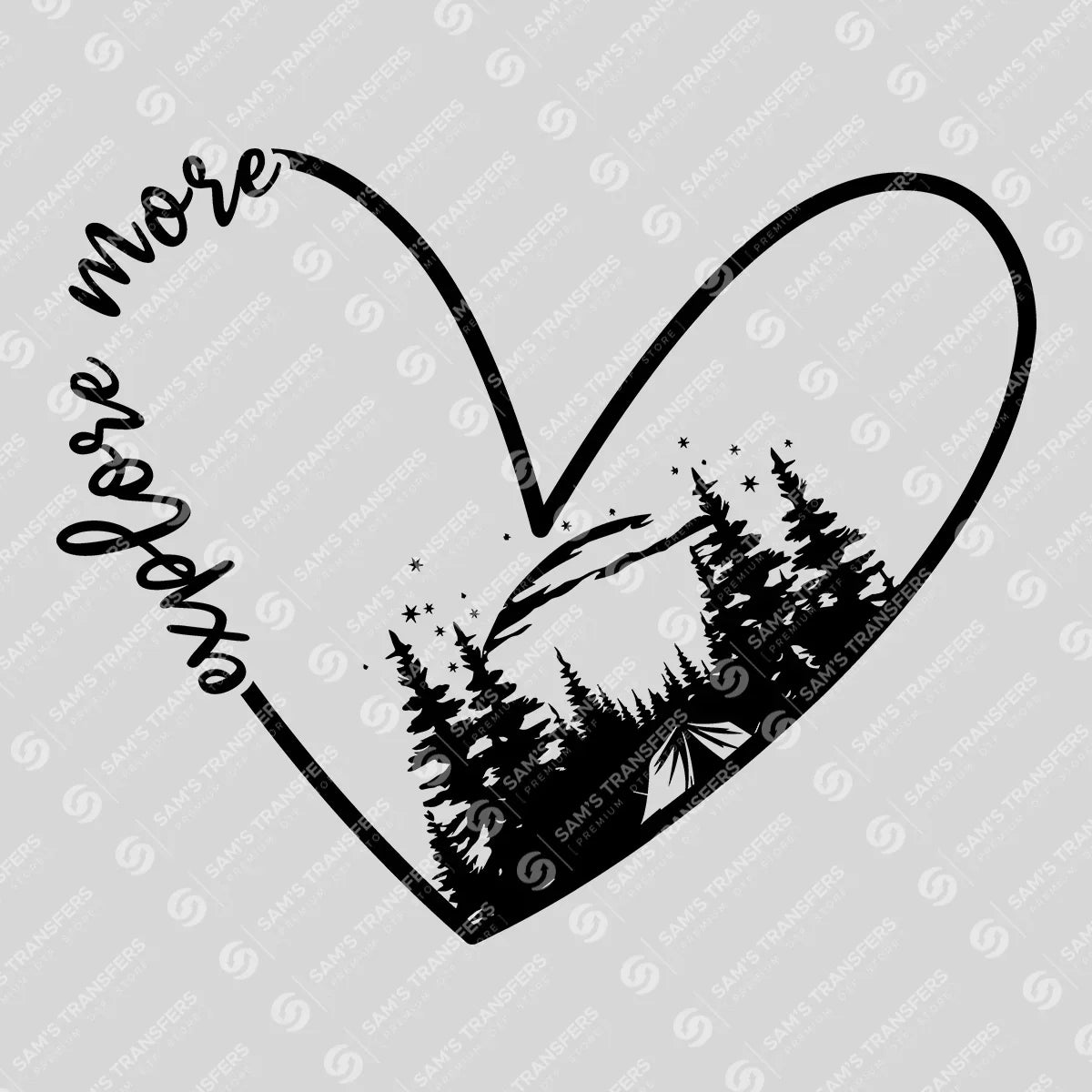 Apparel featuring a Explore More Heart-themed DTF transfer.