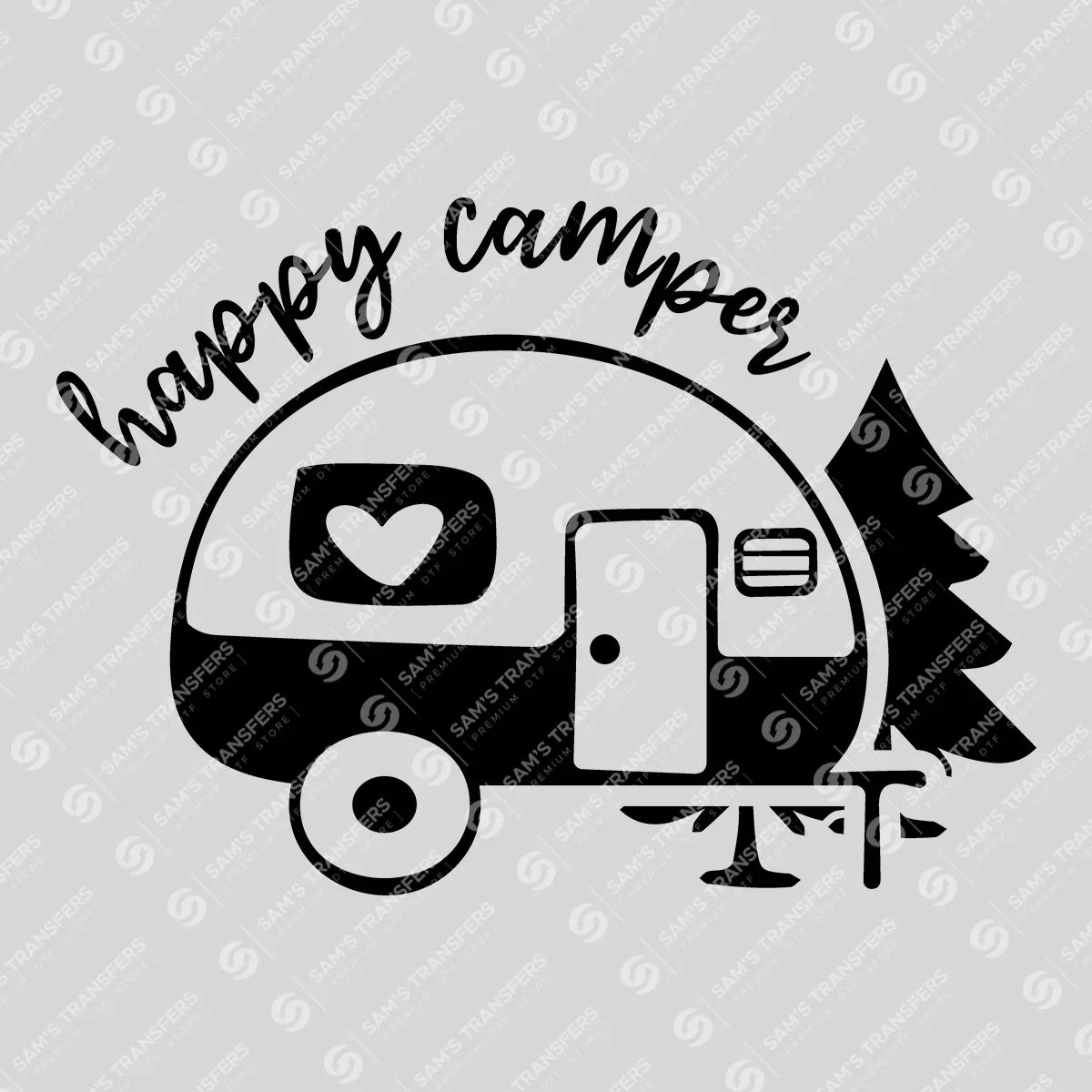 Apparel featuring a Happy Camper Trailer-themed DTF transfer.
