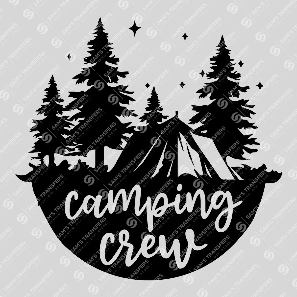 Apparel featuring a Camping Crew Forest-themed DTF transfer.