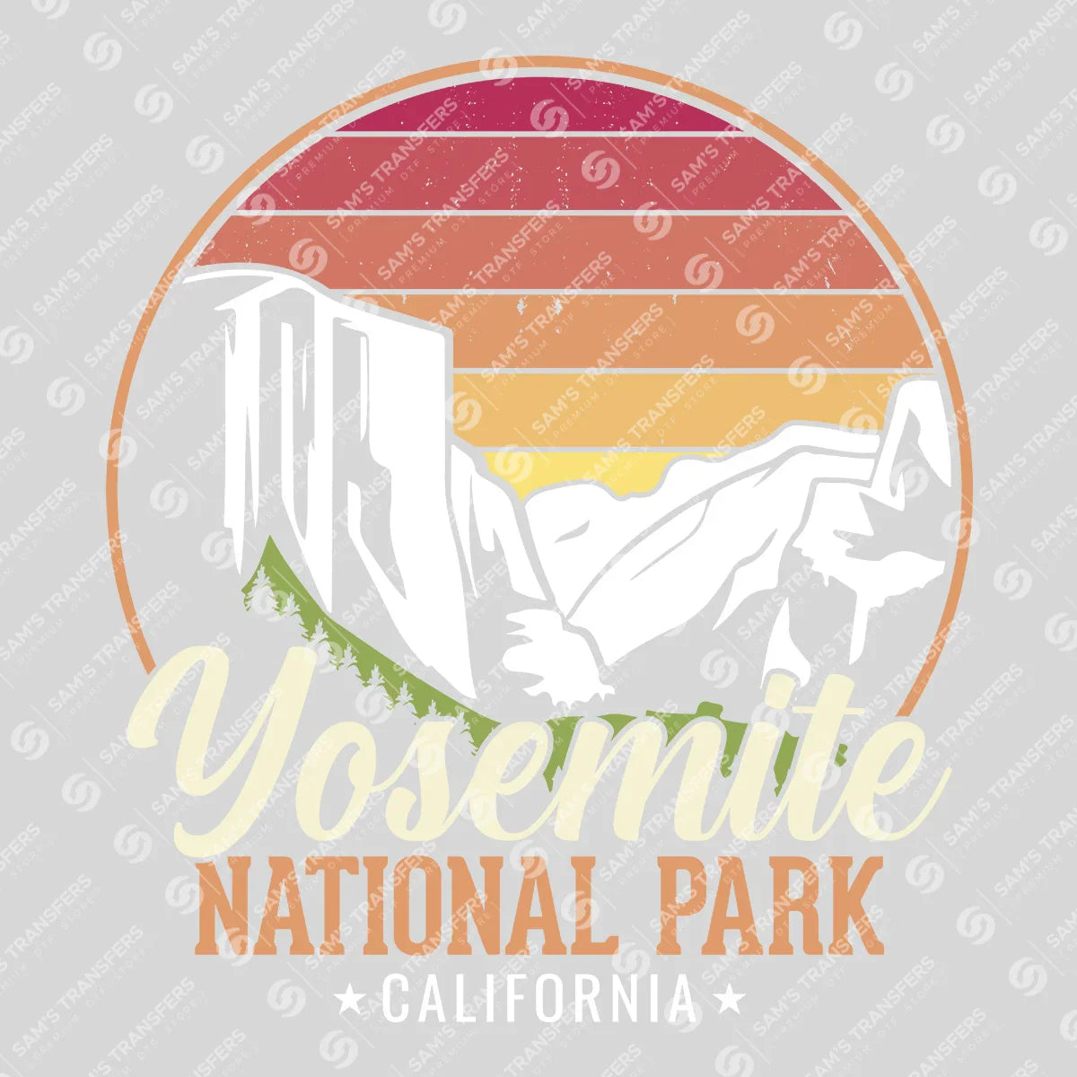 Apparel featuring a Yosemite National Park California-themed DTF transfer.