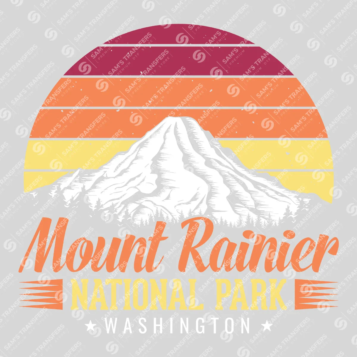 Apparel featuring a Mount Rainier National Park Washington-themed DTF transfer.