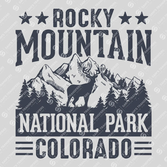 Apparel featuring a Rocky Mountain National Park Vintage-themed DTF transfer.