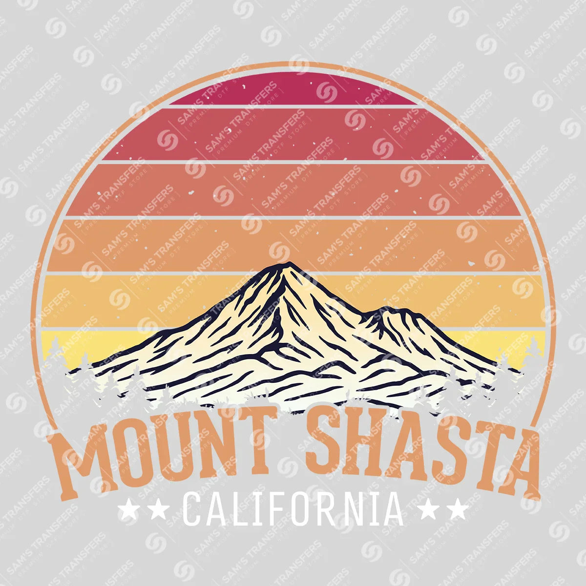 Apparel featuring a Mount Shasta California-themed DTF transfer.