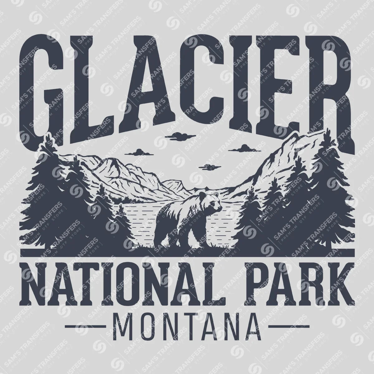 Apparel featuring a Glacier National Park Montana-themed DTF transfer.