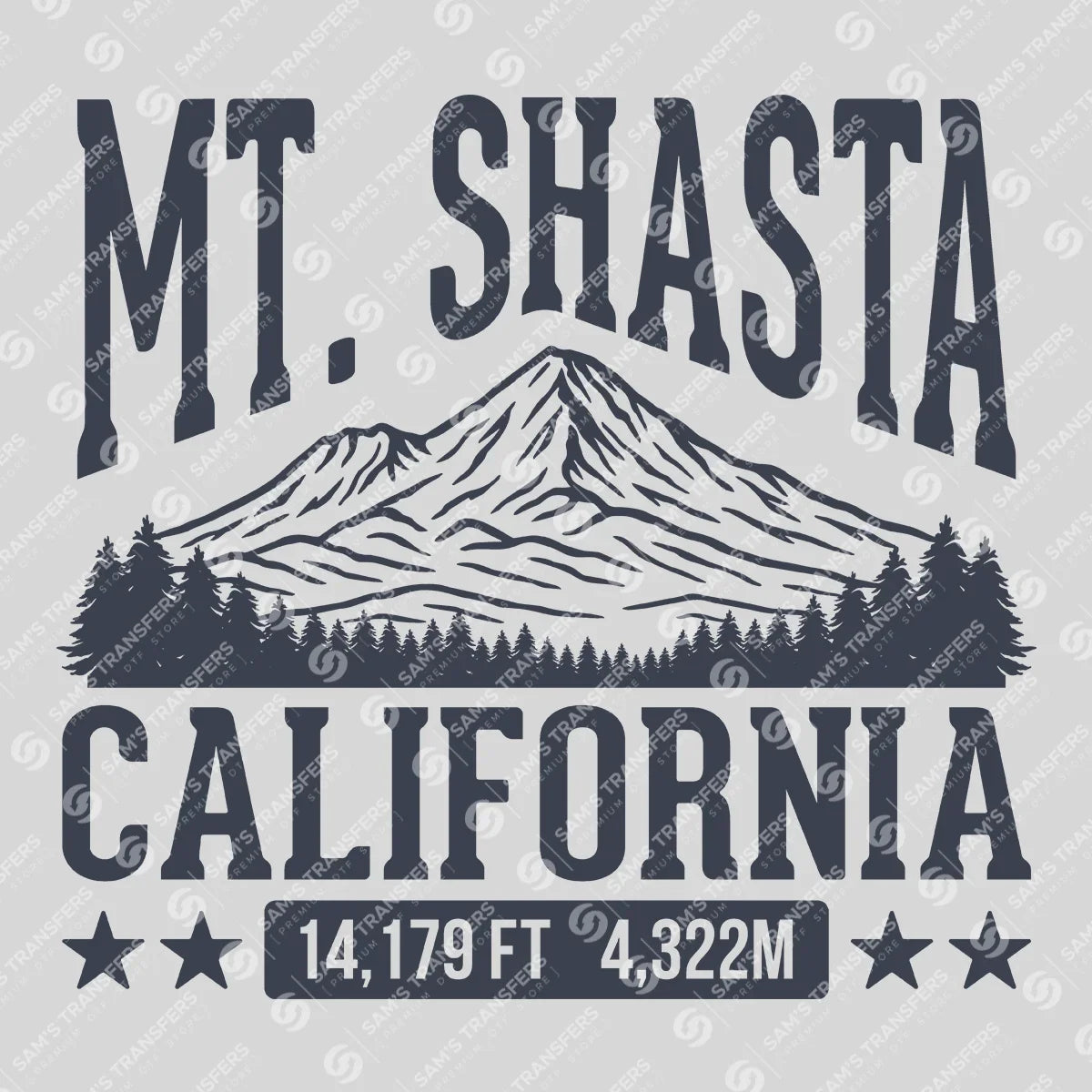 Apparel featuring a Mount Shasta California Elevation-themed DTF transfer.