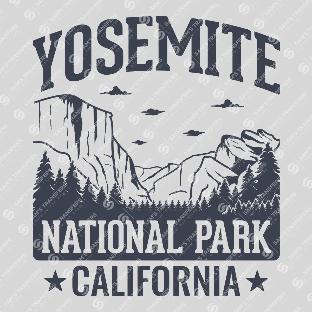 Apparel featuring a Yosemite National Park Vintage-themed DTF transfer.