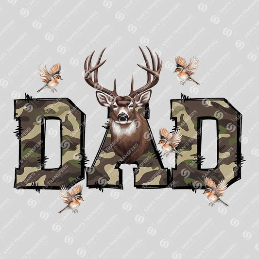 Apparel featuring a Dad Deer Camo-themed DTF transfer.