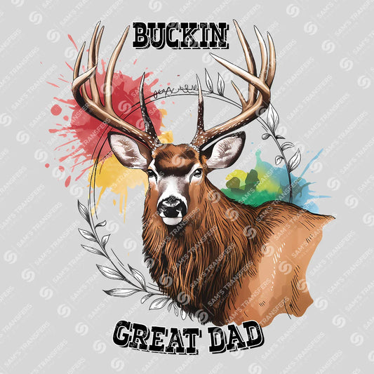 Apparel featuring a Buckin Great Dad-themed DTF transfer.