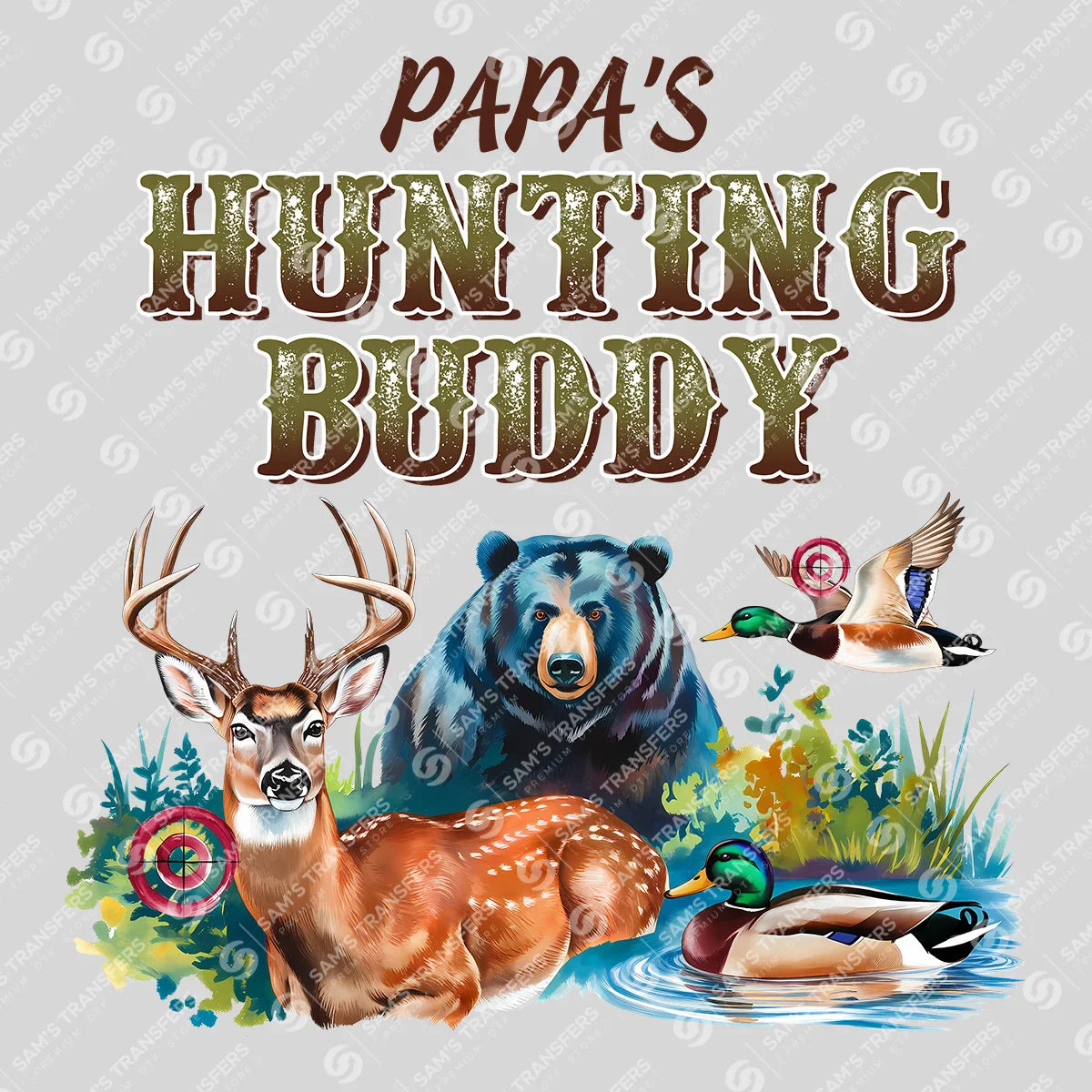 Apparel featuring a Papa's Hunting Buddy-themed DTF transfer.