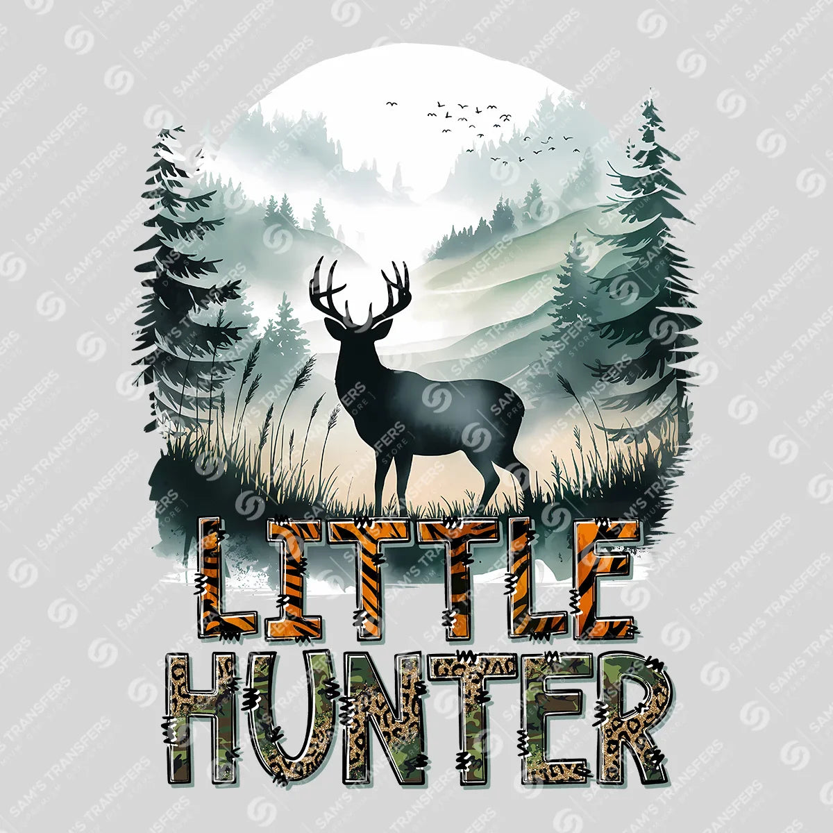 Apparel featuring a Little Hunter-themed DTF transfer.