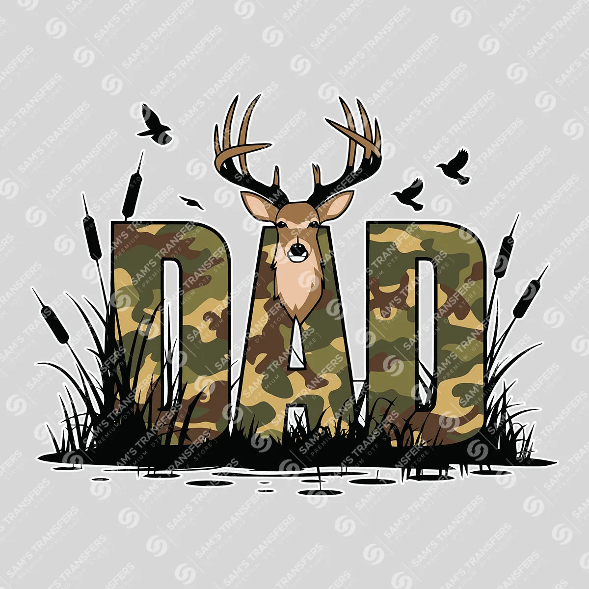 Apparel featuring a Dad Deer Camo Hunting-themed DTF transfer.