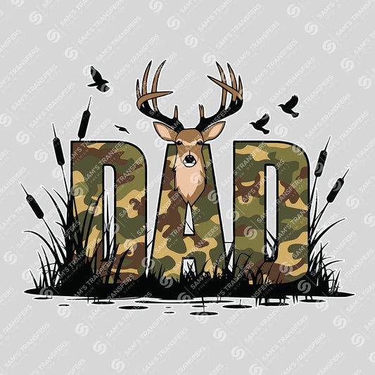 Apparel featuring a Dad Deer Camo Hunting-themed DTF transfer.