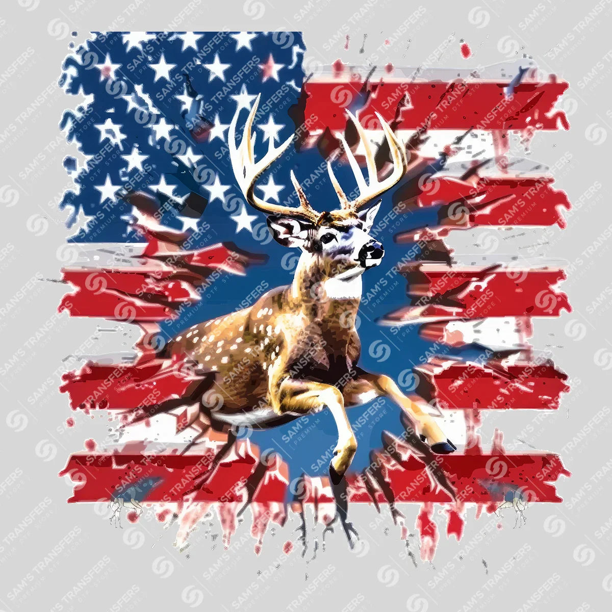 Apparel featuring a Patriotic Deer Flag-themed DTF transfer.