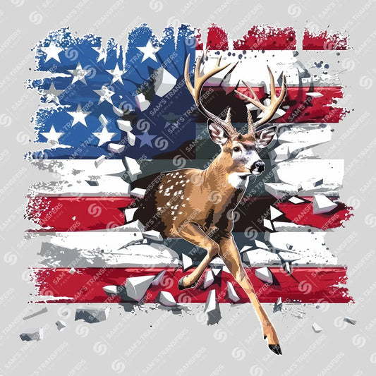 Apparel featuring a Patriotic Deer Flag Wall-themed DTF transfer.