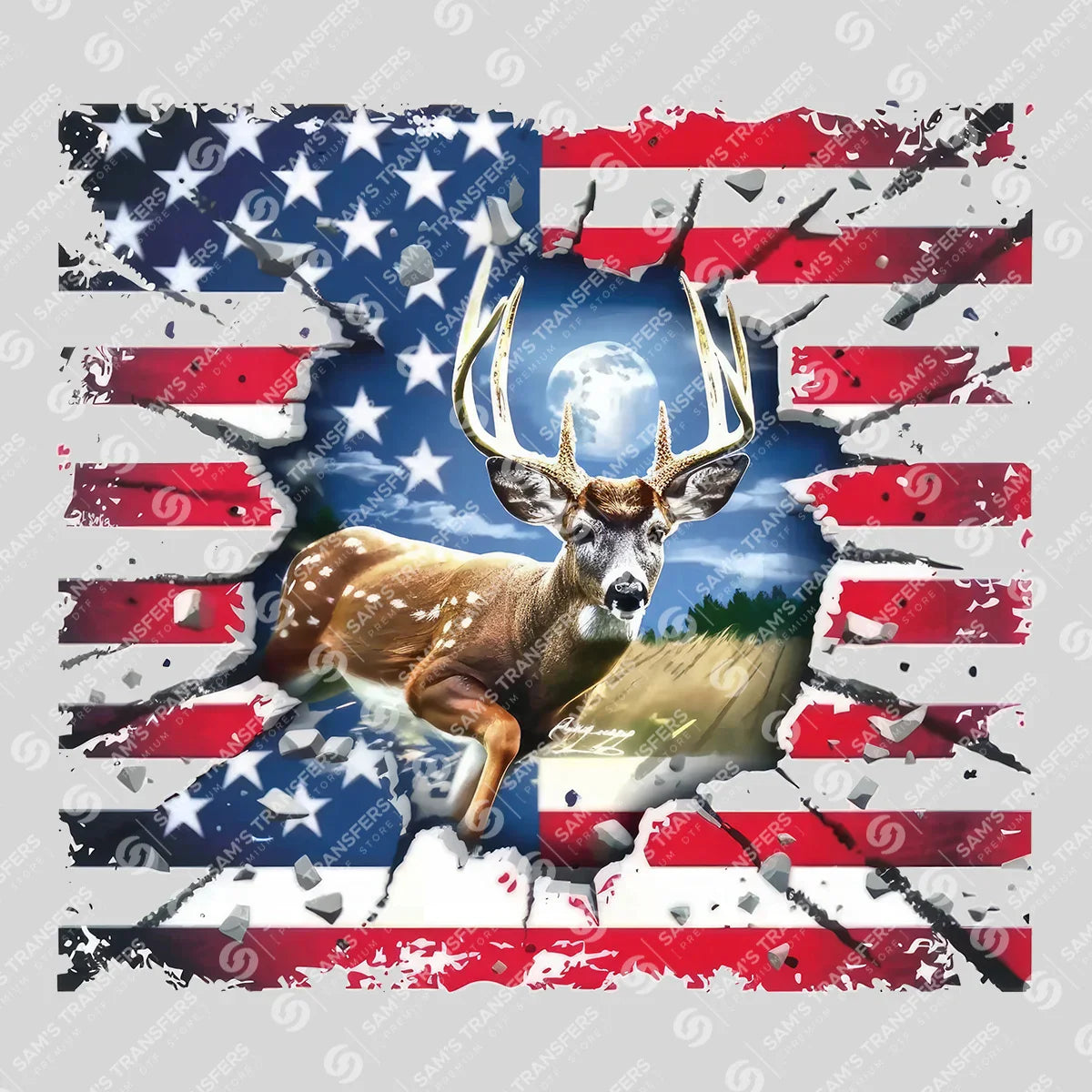 Apparel featuring a Patriotic Deer Flag Breakthrough-themed DTF transfer.