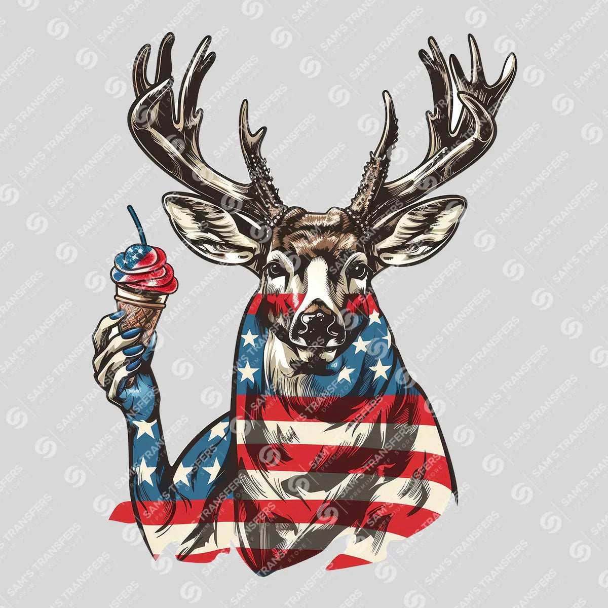 Apparel featuring a Patriotic Deer Ice Cream-themed DTF transfer.