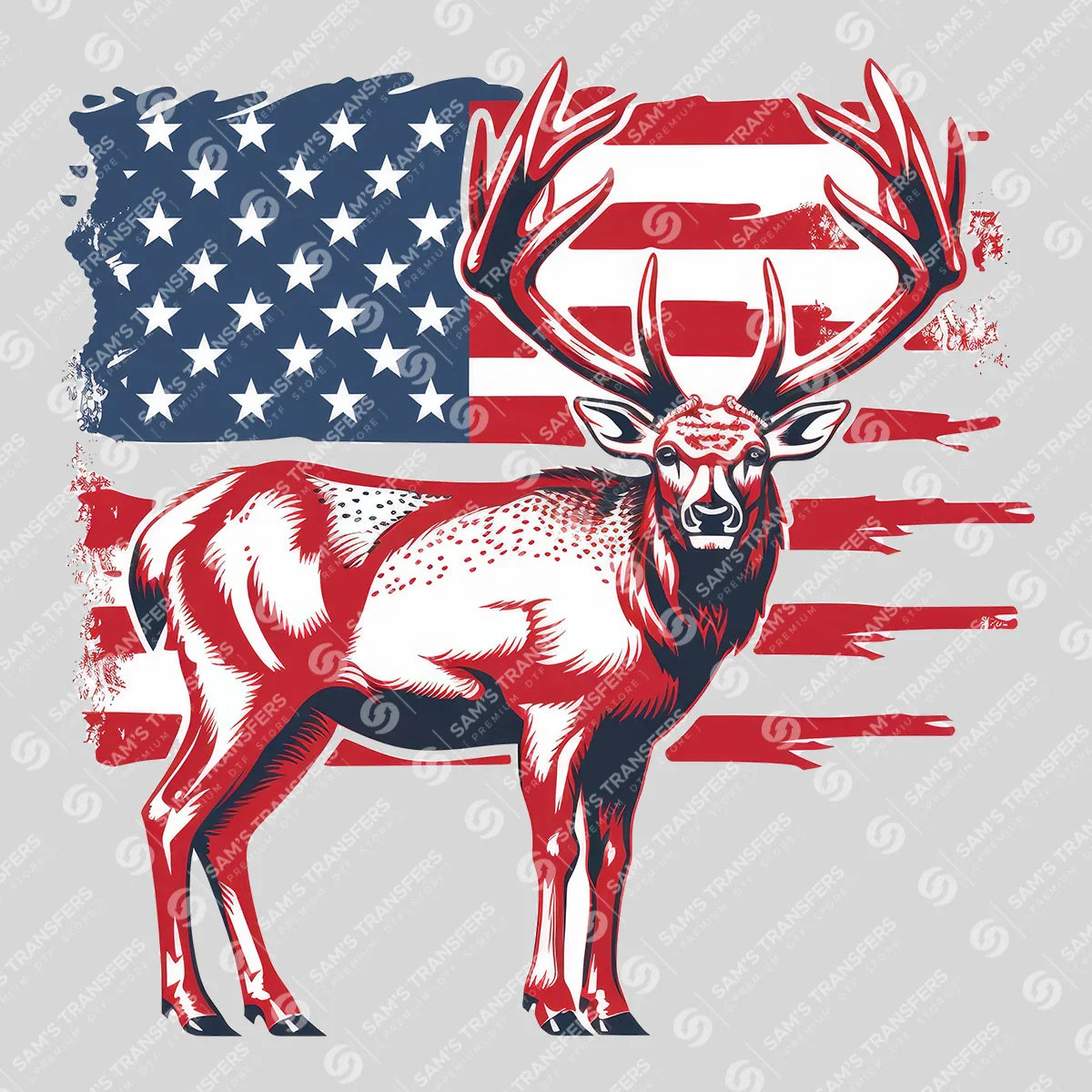 Apparel featuring a Patriotic Elk Flag-themed DTF transfer.