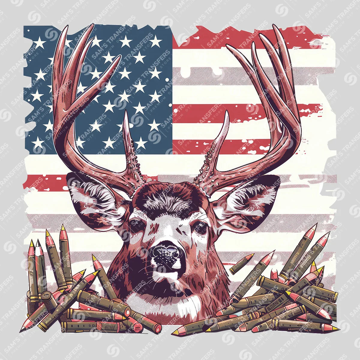 Apparel featuring a American Deer And Ammo-themed DTF transfer.