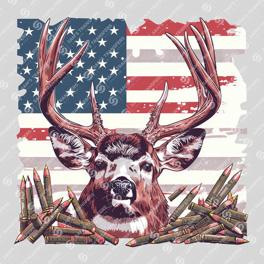 Apparel featuring a American Deer And Ammo-themed DTF transfer.