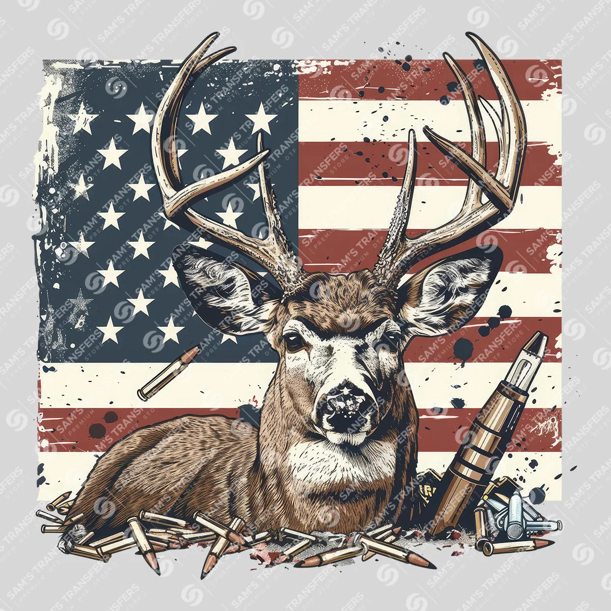 Apparel featuring a American Flag Buck Ammo-themed DTF transfer.