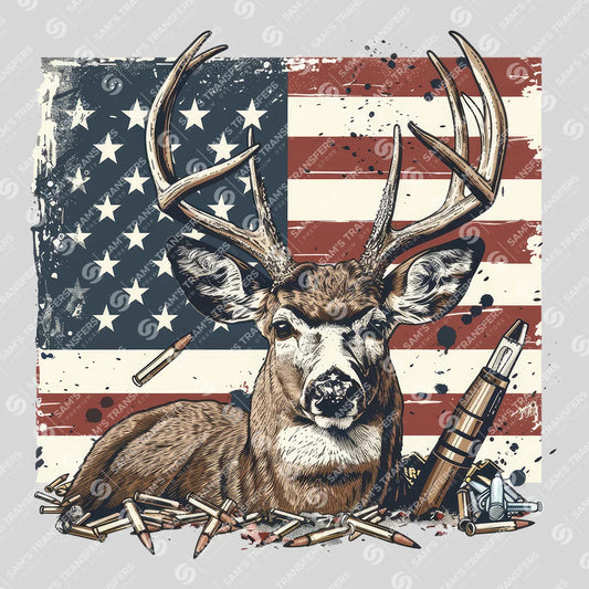 Apparel featuring a American Flag Buck Ammo-themed DTF transfer.