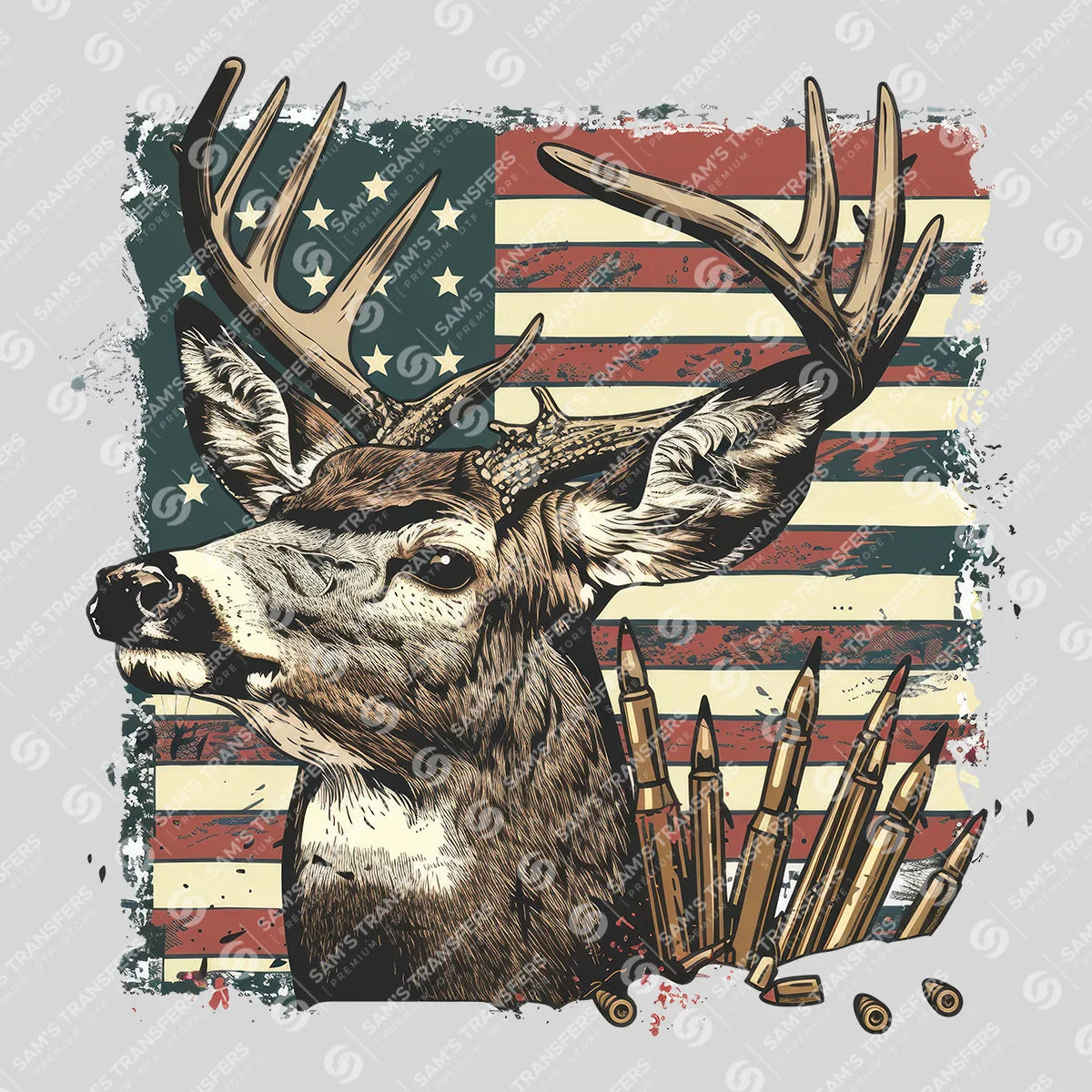 Apparel featuring a Patriotic Deer Bullets-themed DTF transfer.