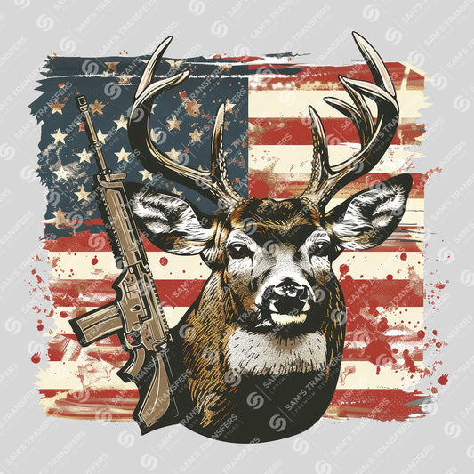 Apparel featuring a Deer Rifle American Flag-themed DTF transfer.