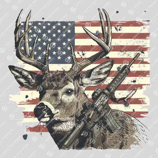 Apparel featuring a Deer Hunting Rifle Flag-themed DTF transfer.