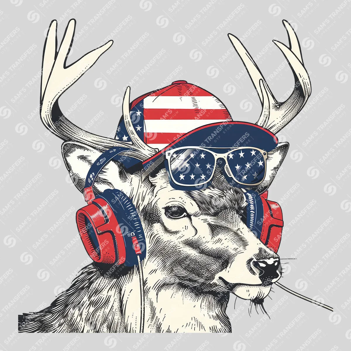 Apparel featuring a Patriotic Deer With Headphones-themed DTF transfer.