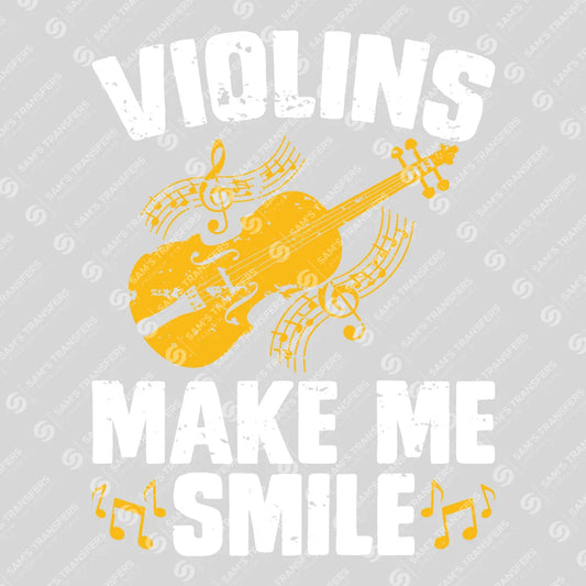 Apparel featuring a Violins Make Me Smile-themed DTF transfer.
